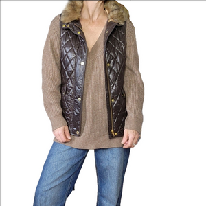 Quilted vest Vegan fur trim collar Brown Neutral Gold snaps color Zipper TALBOTS